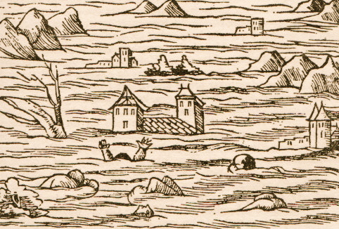 Slachtoffers van een watersnood. Anonieme houtsnede. Bron: Cosmographia universalis, Bazel 1552.