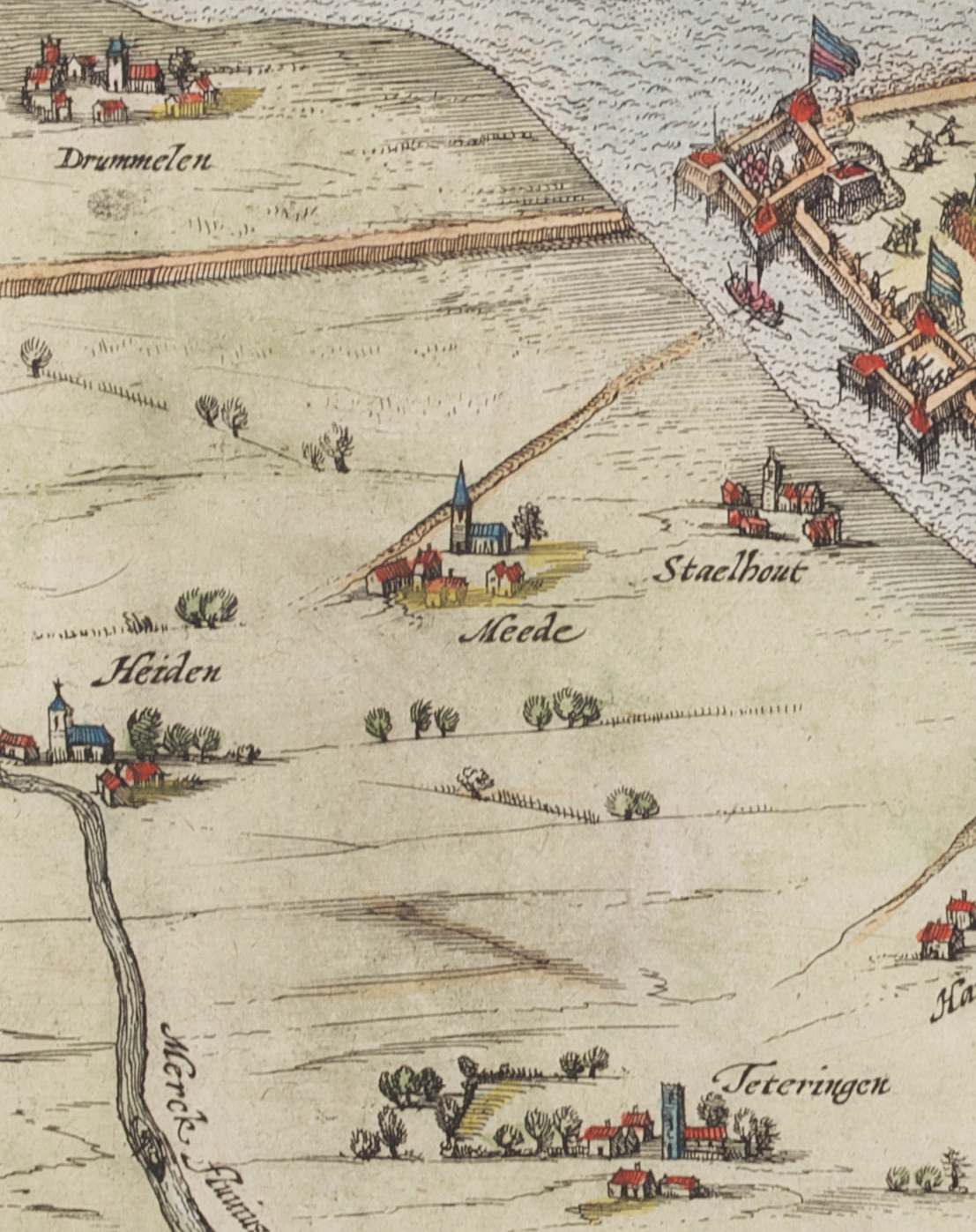 Made (Meede, de May, die Meede) op een detail van een ingekleurde kaart van het beleg van Geertruidenberg door prins Maurits in 1593. De plaatsen op de kaart zijn niet natuurgetrouw weergegeven. Bron: Breda’s Museum.