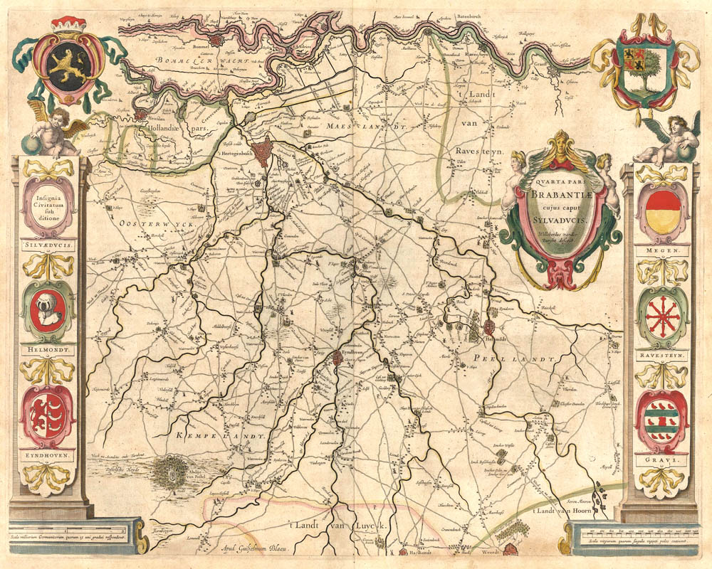 Uitgegeven door Willem Blaeu in 1645 Brabant Beschrijving Willem Janszoon Blaeu 1571-1638, geboren in Alkmaar Aan het begin van de 17e eeuw was Amsterdam het rijkste handelssteden van Europa, met de Verenigde Oostindische Compagnie en de diamantenhandel. Vader Willem vestigde zich in1599 inAmsterdam als kaartenmaker, drukker en uitgever van vermaarde atlassen. Vader en zoon Blaeu behoren tot de beroemdste cartografen van de wereld. Joan Blaeu 1596-1673 werd in 1596 geboren als zoon van Willem Blaeu. In 1649 verscheen de atlas Toonneel der Steden, waarin kaarten stonden van de meeste vestingsteden van Nederland. In 1662 verscheen de beroemde Atlas Maior met 600 kaarten, een van de duurste uitgaven in de 17e eeuw en nog steeds een van de belangrijkste werken ooit gepubliceerd. In 1663 verscheen de Nederlandse versie van de Atlas Maior als Atlas van Loon. In 1672 verwoeste een brand het atelier en de drukkerij van Blaeu in de Gravenstraat en een jaar later overleed Joan Blaeu. Cornelis Blaeu overleden ca. 1642, zoon van Willem Blaeu en broer van Joan