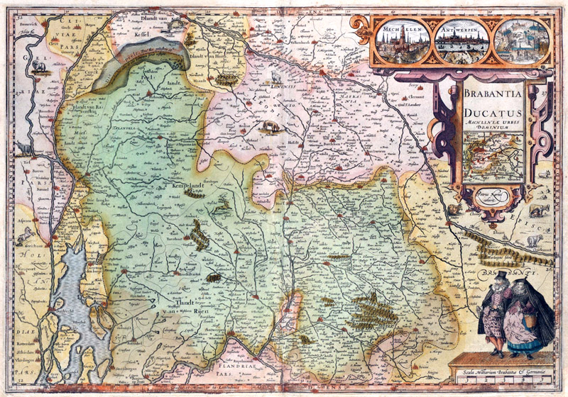 Kaart van Brabant in 1601 uitgegeven door Kaerius. Petrus Kaerius 1571-1646 (Pieter van den Keere) Belgisch graveur, geboren in Gent, verhuisde om godsdienstige reden naar Londen in 1584. Een van zijn zusters was getrouwd met Jodocus Hondius, die hem het vak van graveur leerde. Rond 1599 graveerde hij 44 platen voor kaarten van Engelse, Welsh, Schotse en Ierse gebieden.