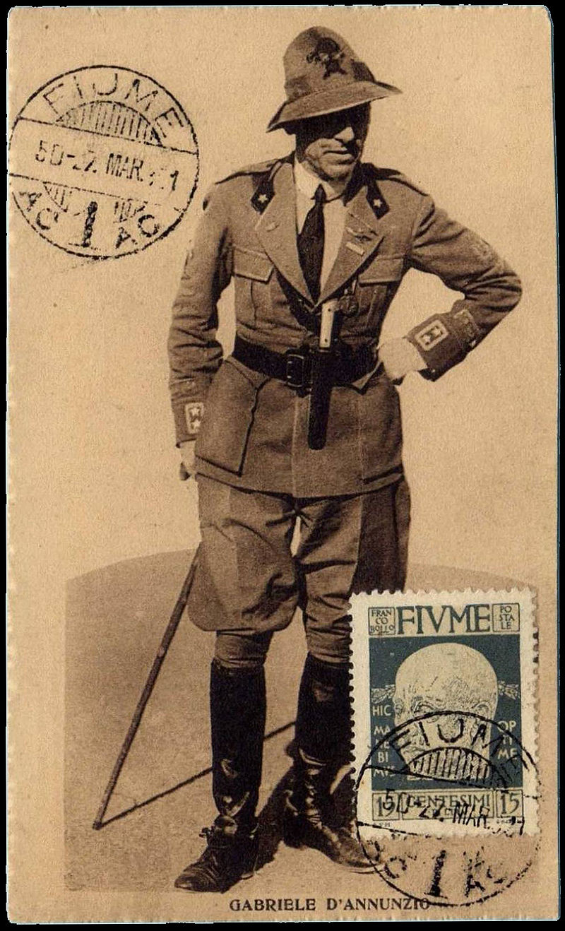 1921 Postcard from Fiume and postage stamp with D'Annunzio's portrait. (The motto Hic Manebimus Optime is Latin for: